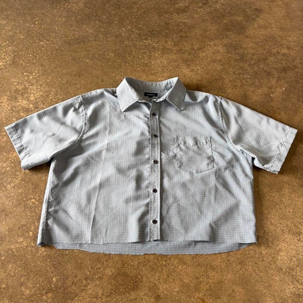 Croft & Barrow Mens Grey Blue Grid Cropped Short Sleeve Button Down Shirt L